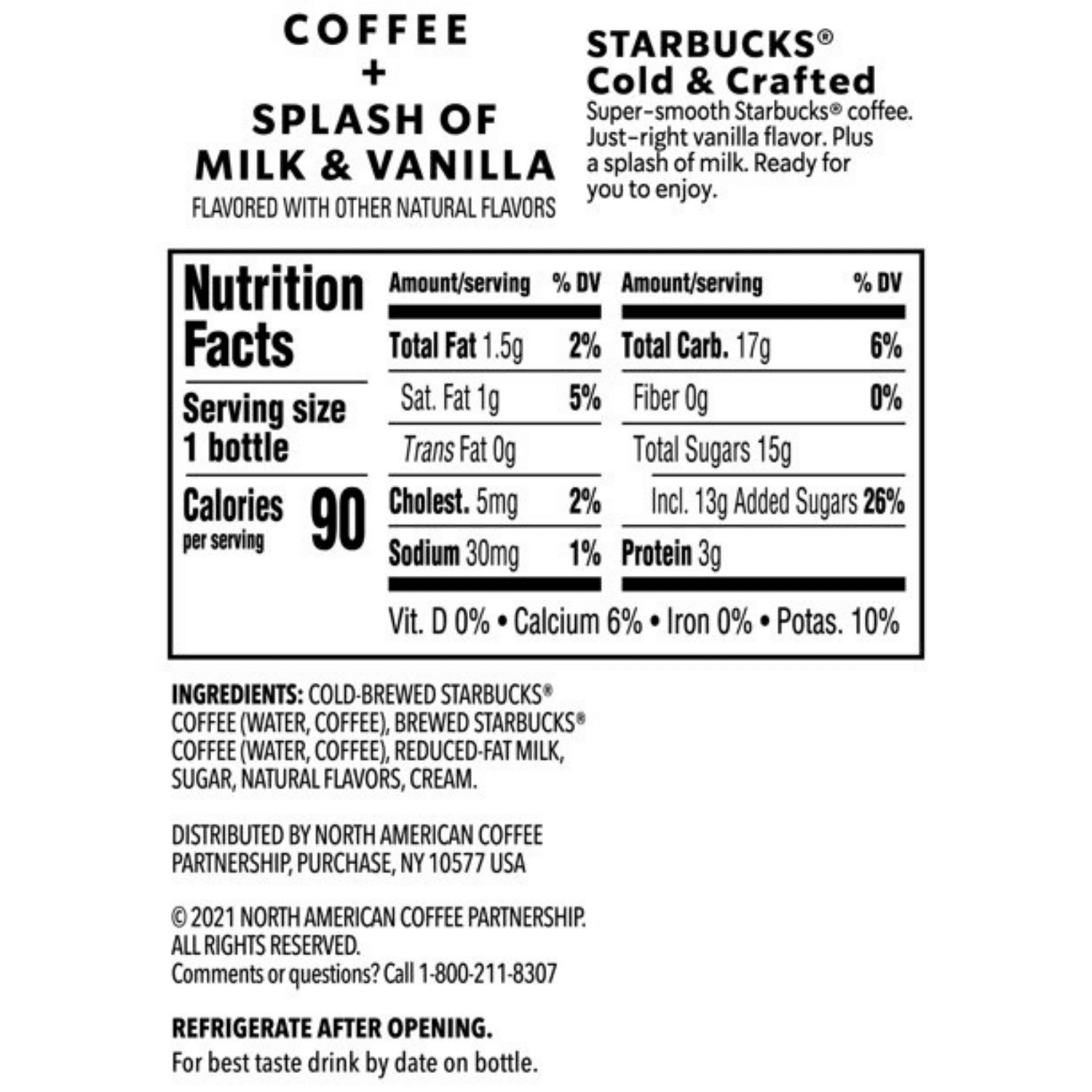 Starbucks Cold & Crafted Coffee + Splash of Milk & Vanilla Premium Coffee Drink, 325ml (Imported) - Super 7 Mart