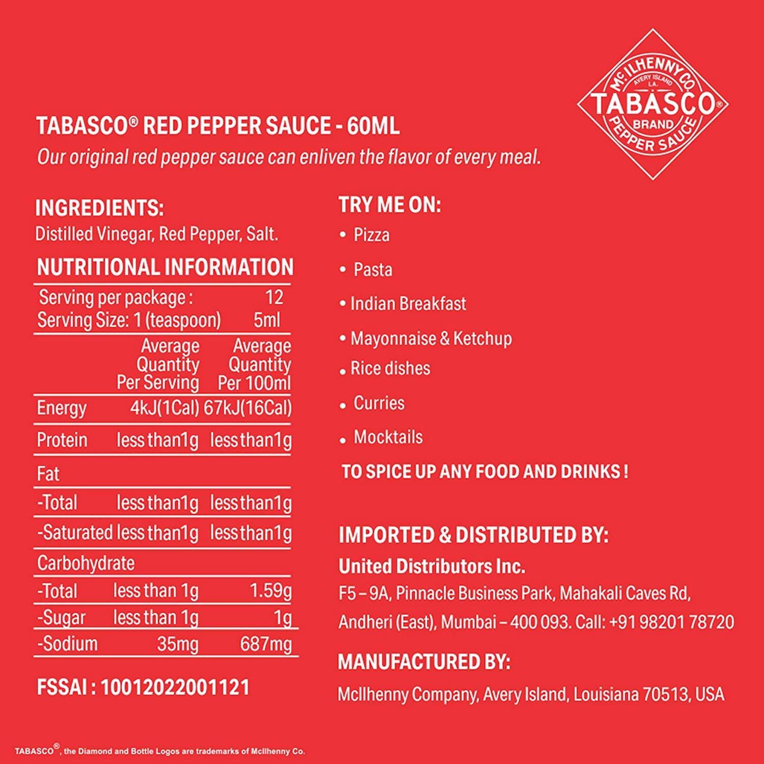 Tabasco Red Pepper Original Sauce, 60ml (Imported) - Super 7 Mart